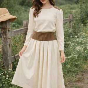 Vintage Periwinkle Pleated Midi Dress USA Made Cream Brown Women's Small